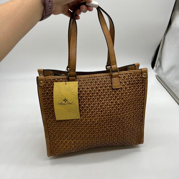 Patricia Nash Leather Ava Medium Tote with	Crossbody Strap Brown Sand Woven - Picture 1 of 16